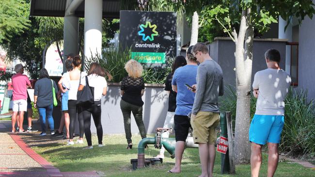 The queue outside a Centrelink in Southport in April. Picture: Glenn Hampson