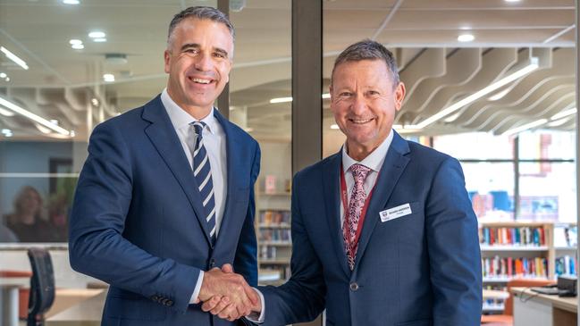 Premier Peter Malinauskas with St John's Grammar principal Richard Anderson in the new building. Picture: Supplied.