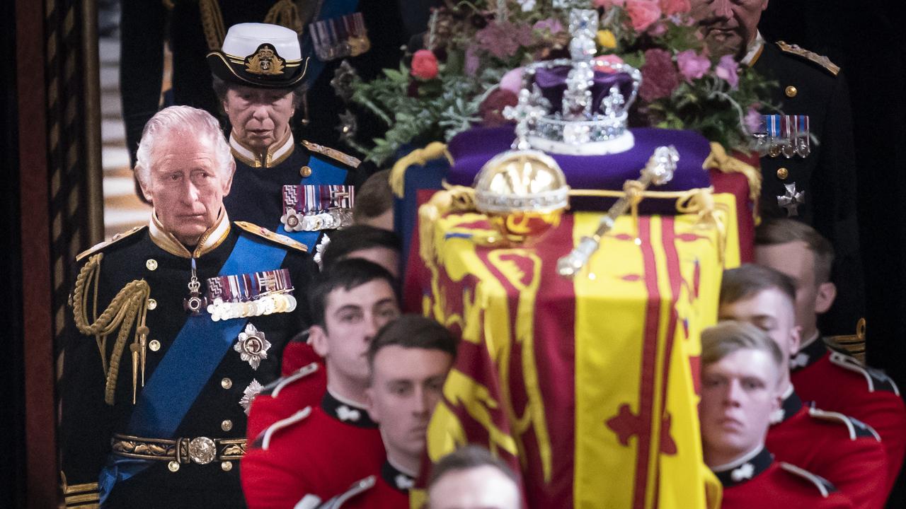 A separate crown sat atop the coffin of Queen Elizabeth II during her funeral. Picture: Danny Lawson – WPA Pool/Getty Images