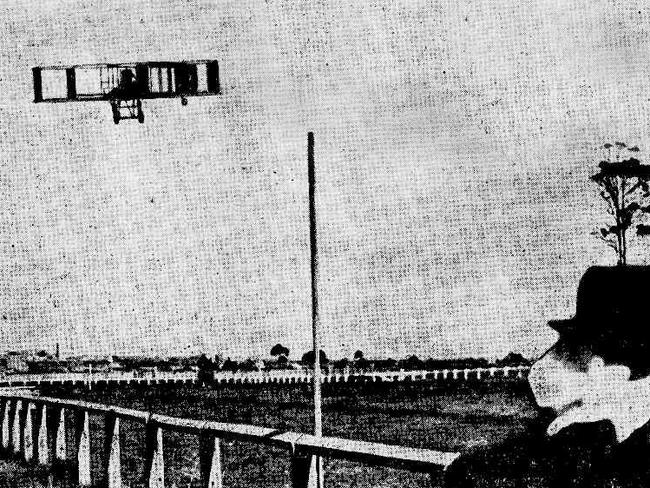 Harry Houdini takes to the skies over Rosehill Racecourse.