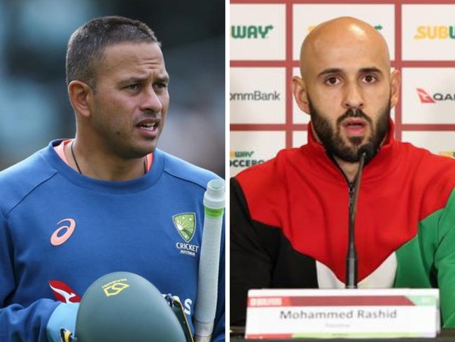 Usman Khawaja and Palestine footballer Mohammed Rashid. Photos: Getty Images