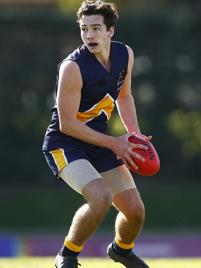 Zac Walsh of Whitefriars College looks to pass the ball. Picture: Daniel Pockett/AFL Photos/via Getty Images