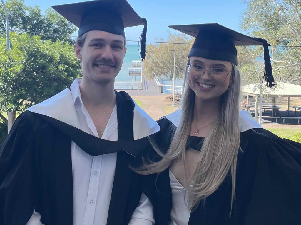 Nursing students Jackson Dunn (left) and Adina Jones (right) at the University of the Sunshine Coast graduation ceremony at the Beach House Hotel on October 12, 2023.