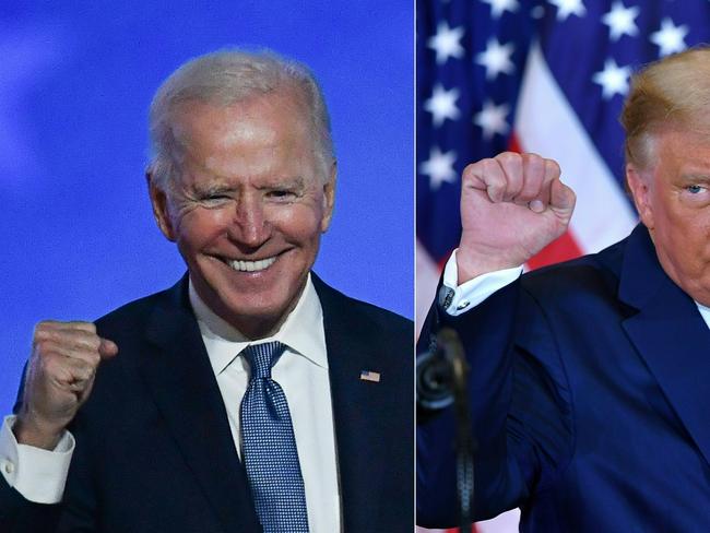 (COMBO) This combination of pictures created on November 04, 2020 shows Democratic presidential nominee Joe Biden (L) in Wilmington, Delaware, and US President Donald Trump (R) in Washington, DC both pumping their fist during an election night speech early November 4, 2020. - President Donald Trump and Democratic challenger Joe Biden are battling it out for the White House, with polls closed across the United States -- and the American people waiting for results in key battlegrounds still up for grabs, one day after the US presidential election November 03. (Photos by ANGELA  WEISS and MANDEL NGAN / AFP)