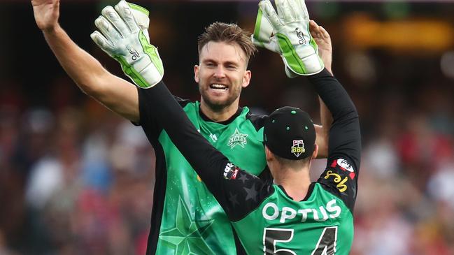 Jackson Coleman celebrates the wicket of Daniel Hughes of the Sixers during his last Big Bash game on December 27. Picture: AAP