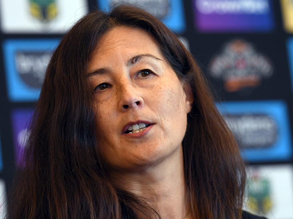 Wests Tigers NRL Chair Marina Go answers a question during a press conference in Sydney on Monday, March 20, 2017. Andrew Webster, who is the current Wests Tigers assistant coach, takes over the head coach role from Jason Taylor after  the termination of the contract. (AAP Image/Paul Miller) NO ARCHIVING