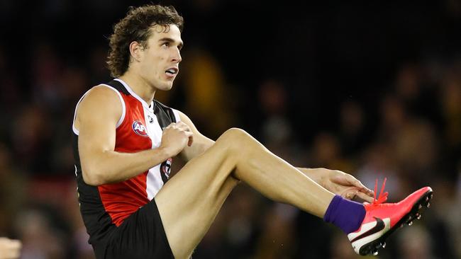 St Kilda star Max King missed Round 1 after being concussed while playing golf, but that hasn’t kept him off the course since. Picture: Michael Willson/Getty Images