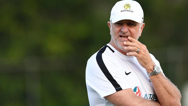Head coach Graham Arnold looks on during a Socceroos training session in Brisbane on Thursday. Picture: AAP