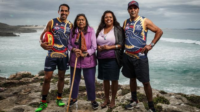 Eddie Betts with grandmother Veda Betts, aunt Susie and father Eddie Sr in Port Lincoln, SA, 2016. Picture: Matt Turner