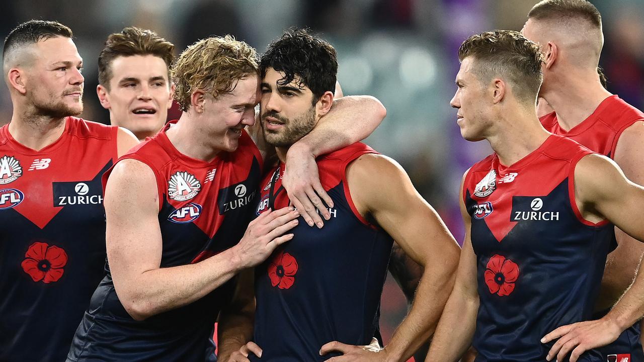 Clayton Oliver and Christian Petracca after Melbourne’s Anzac Day eve win.