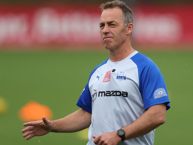 MELBOURNE, AUSTRALIA - APRIL 27: Kangaroos coach, Alastair Clarkson is seen during a North Melbourne Kangaroos AFL training session at Arden Street Ground on April 27, 2023 in Melbourne, Australia. (Photo by Robert Cianflone/Getty Images)