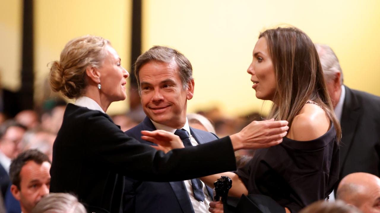 Lachlan and Sarah Murdoch pictured at the memorial service for Lang Walker AO at the Sydney Town Hall. Picture: NCA NewsWire / Damian Shaw