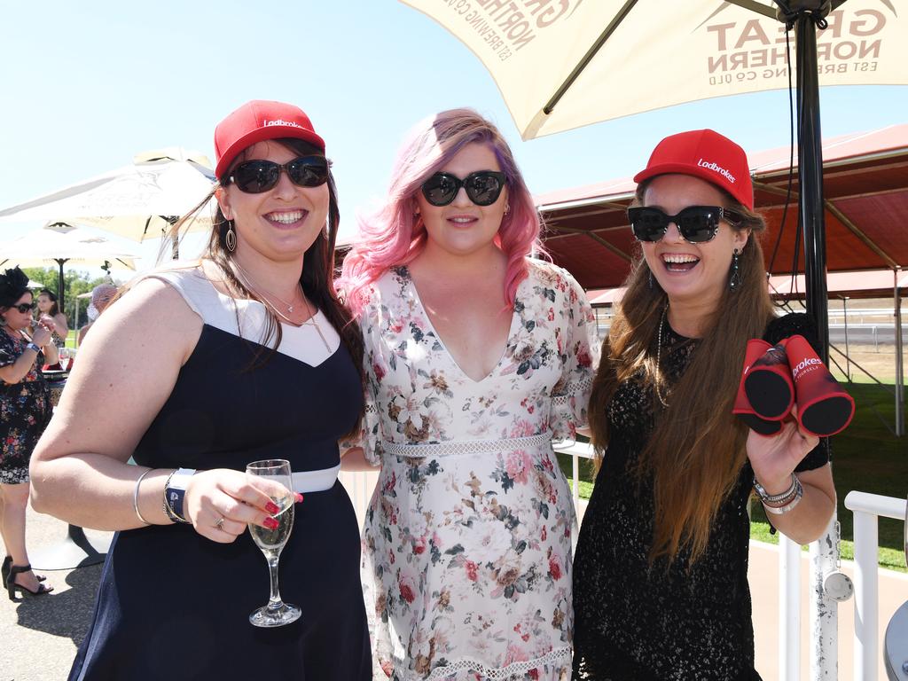 Mikki Paterson, Jordan Mason and Luci Lloyd at the Darwin Turf Club Bridge Toyota Ladies' Day / Derby Day. Picture: KATRINA BRIDGEFORD