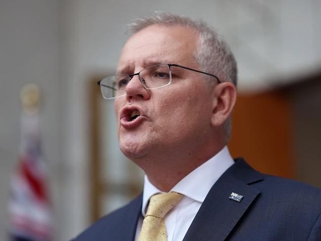 CANBERRA, AUSTRALIANewsWire Photos MARCH 01, 2022: Prime Minister Scott Morrison met with the national security committee of cabinet on Ukraine and the Australian floods, and then spoke to media at a press conference at Parliament House in Canberra.Picture: NCA NewsWire / Gary Ramage