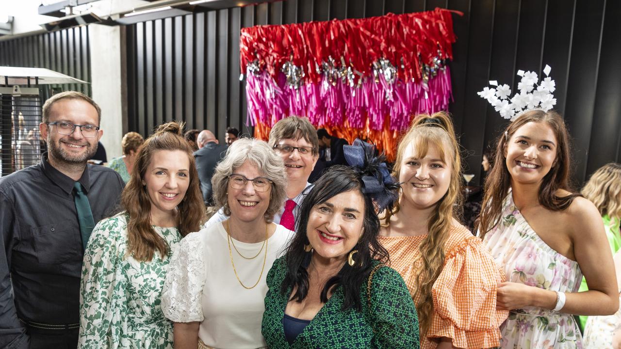 At the Melbourne Cup party are (from left) Shaun Otto, Bec Steger, Vicki Hamilton, Keith Hamilton, Nicki Hibbard, Sam Staatz and Georgia Rea at The Rock, Tuesday, November 1, 2022. Picture: Kevin Farmer