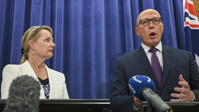 ​Opposition Leader Peter Dutton and Deputy leader Sussan Ley ​announce that federal Liberal MPs will campaign for a “no” vote in the referendum to enshrine an Indigenous Voice to parliament in the Constitution. ​Picture: NCA NewsWire/Martin Ollman