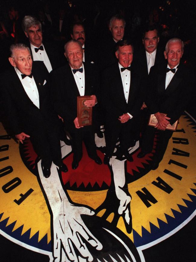 Polly Farmer, Leigh Matthews, John Nicholls, Jack Dyer, Bob Pratt, Bob Skilton and Dick Reynolds at the inaugural AFL Hall of Fame induction dinner at Melbourne Park.