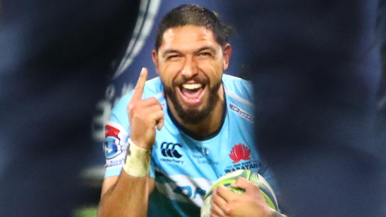 Curtis Rona of the Waratahs is celebrates after scoring a try at AAMI Park.