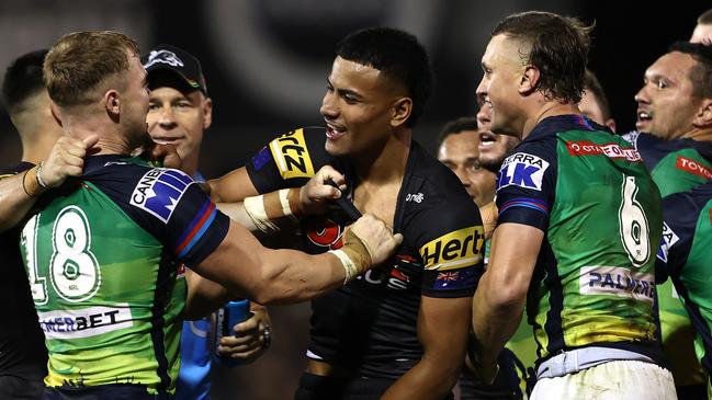 PENRITH, AUSTRALIA - APRIL 24:  Stephen Crichton of the Panthers and Jack Wighton of the Raiders melee following the round seven NRL match between the Penrith Panthers and the Canberra Raiders at BlueBet Stadium on April 24, 2022, in Penrith, Australia. (Photo by Matt Blyth/Getty Images)