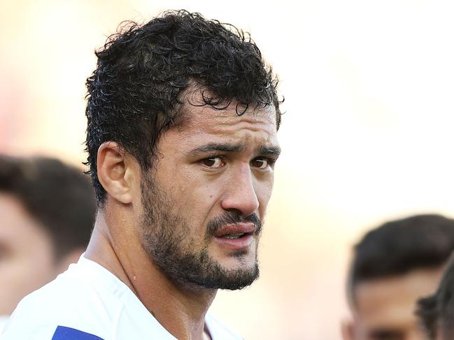 SYDNEY, AUSTRALIA - APRIL 14: Corey Harawira-Naera of the Bulldogs looks dejected after a Dragons try during the round five NRL match between the St George Illawarra Dragons and the Canterbury Bulldogs at WIN Jubilee Stadium on April 14, 2019 in Sydney, Australia. (Photo by Mark Kolbe/Getty Images)