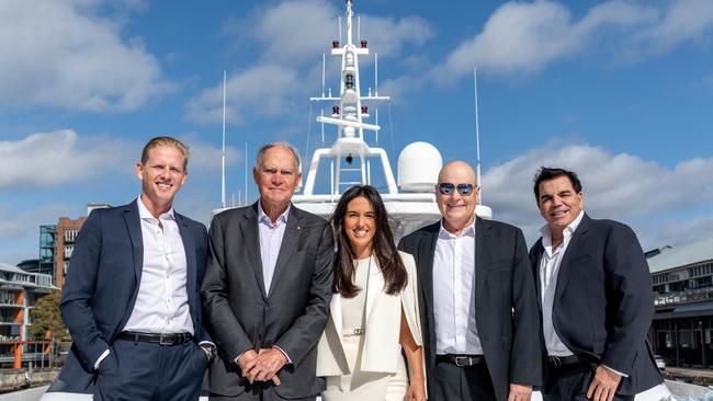 (L-R) Brock Rodwell, Brian White, Ellie Malouf, Rick Rodwell and Ian Malouf on Ahoy Club’s superyacht Mischief in Sydney. Picture: Supplied