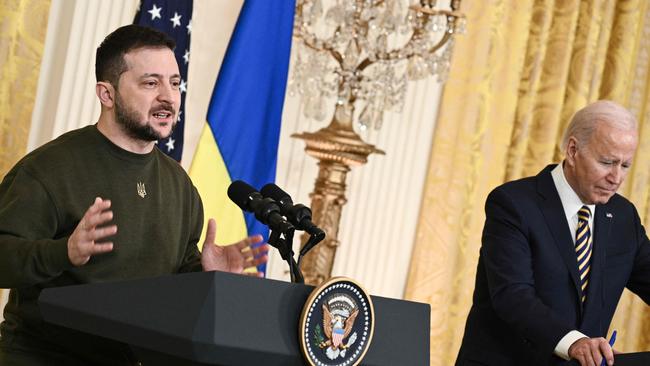 Ukraine’s President Volodymyr Zelenskyy and US President Joe Biden hold a joint press conference. Picture: AFP