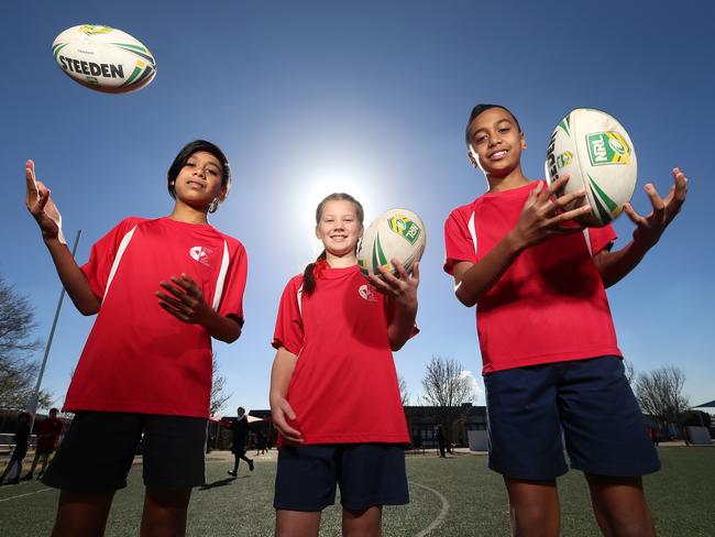 (L -R) Grade 6 students Dre Iosefo, Charlotte Jackson and Zyon Iosefo have been selected to represent Victoria in touch rugby at School of the Good Shepherd on Tuesday, August 1, 2017 in Gladstone Park, Victoria, Australia.Picture: Hamish Blair