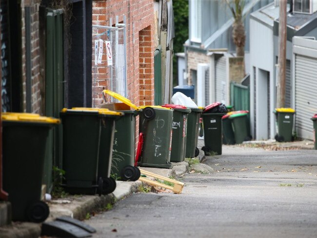 A view of Knight Lane in Erskineville where bins sit waiting to be emptied.