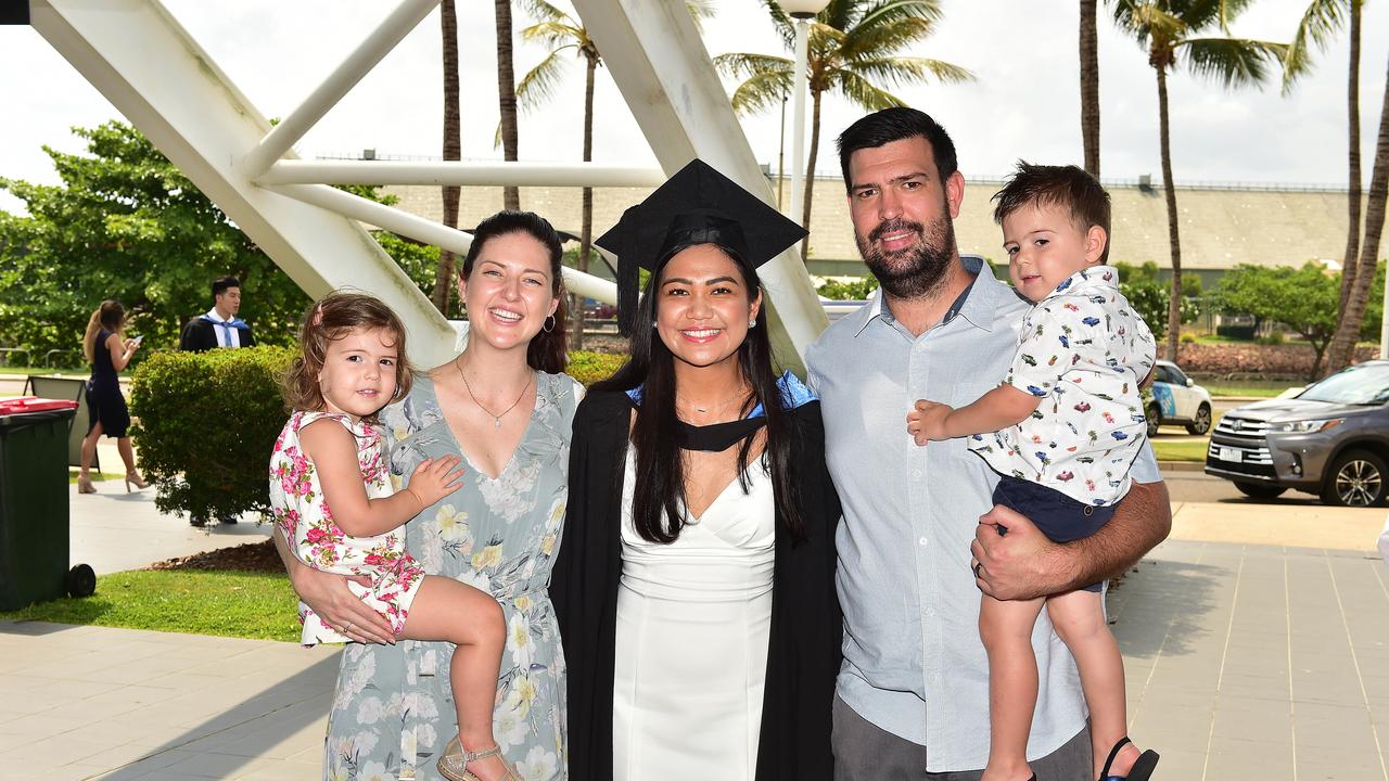 Thea Buenviaje (middle) with Ivy, 2, Courtney, Chris and Lincoln, 2, Tapiolas. JCU graduation ceremony for College of Public Health, Medical and Veterinary Sciences and College of Medicine and Dentistry. Picture: Shae Beplate.