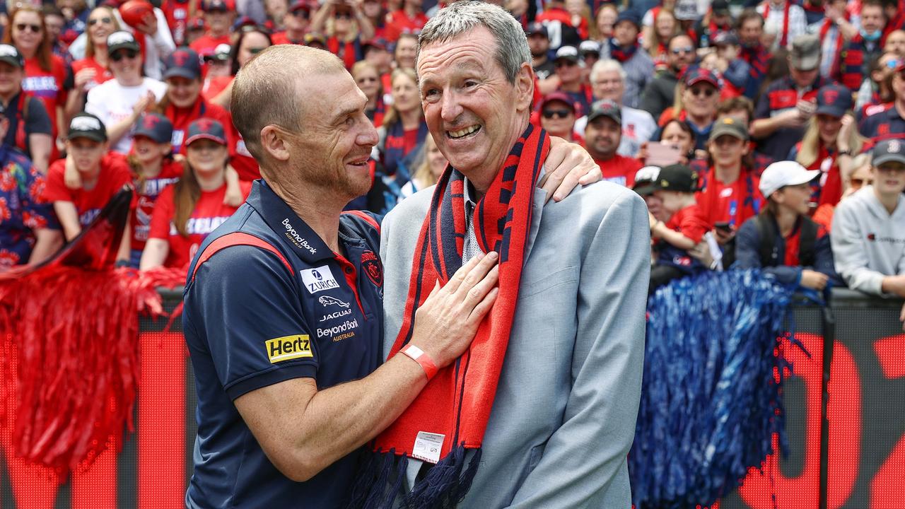 Neale Daniher with Melbourne coach Simon Goodwin after he delivered the premiership cup on stage at the Demons’ grand final celebration at the MCG last year. Photo by Michael Klein.