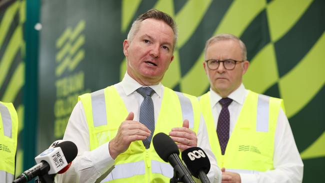 Chris Bowen speaking at the official launch of the Team Global Express Battery Electric Vehicle fleet. Eastern Creek. Picture: NCA NewsWire / Damian Shaw