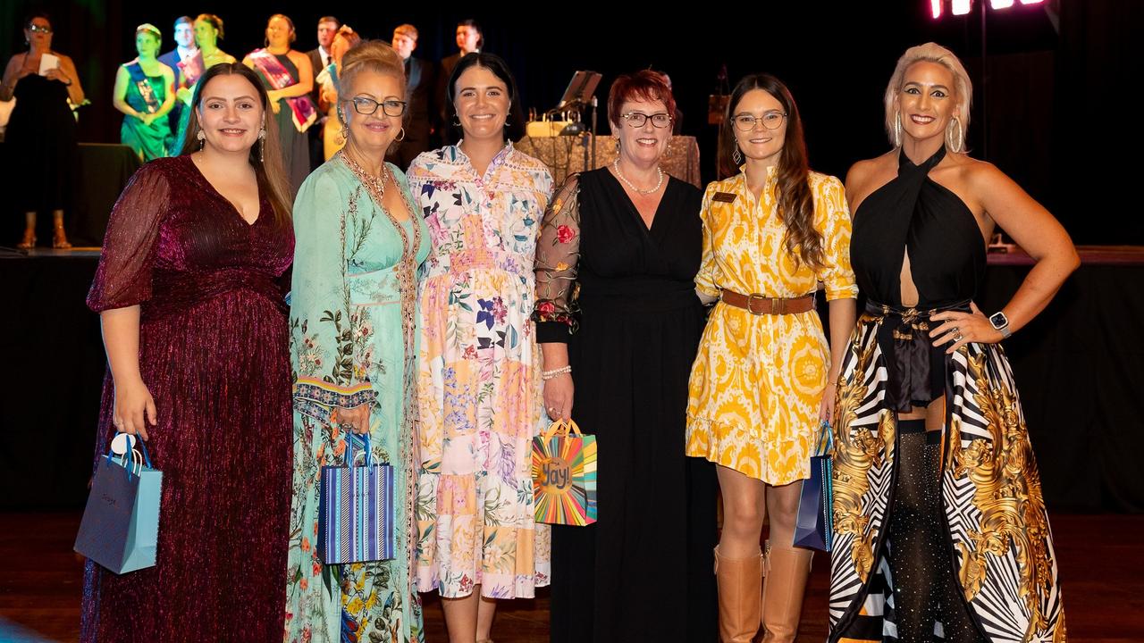 The Gympie 2025 Showgirl judging panel of Jasmine Thornes, Evangeline Goodfellow, Brianne Hurley, Donagh Archer, Simone Silcock and Gemma Kirby. Photo courtesy of Shane Zahner of Zahner Photography.