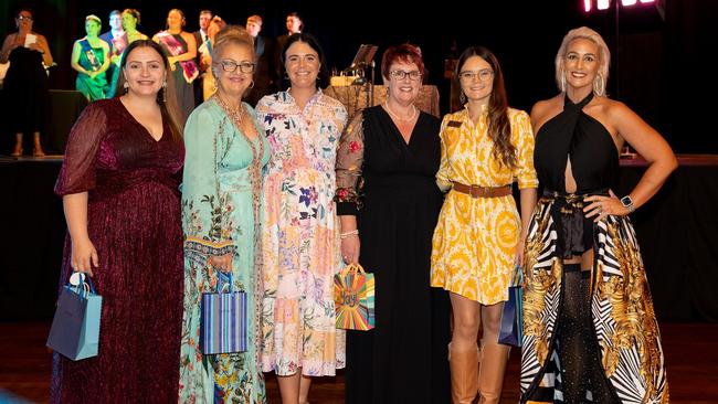 The Gympie 2025 Showgirl judging panel of Jasmine Thornes, Evangeline Goodfellow, Brianne Hurley, Donagh Archer, Simone Silcock and Gemma Kirby. Photo courtesy of Shane Zahner of Zahner Photography.