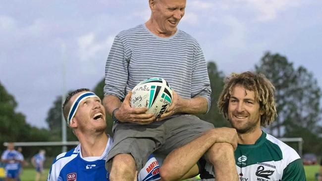 HONOURED: As a mark of respect, and support, Mr Brandon was pulled out onto the field and presented with a signed football during the first clash between his former clubs Beerwah and Maroochydore last week. Picture: Richard Goldsworthy