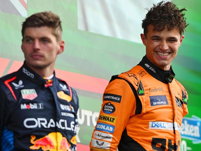 Race-winner Lando Norris alongside second placed Max Verstappen. Picture: Rudy Carezzevoli/Getty Images