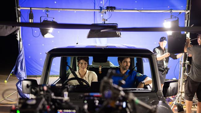 Actors Jessica De Gouw and Adrien Grenier on the set of new romantic comedy You, Always, which was filmed on location in Cairns and Screen Queensland Studio's, Cairns. Photo: Supplied.