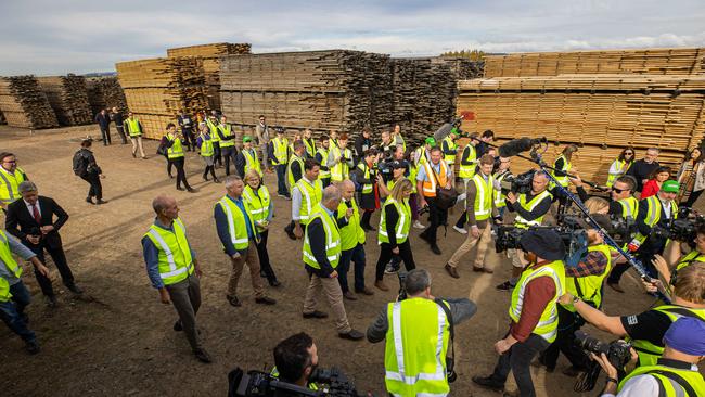 A media event at a Tasmanian sawmill during the 2022 Federal election campaign. The Australian Forest Products Association is a Liberal Party donor. Picture: Jason Edwards