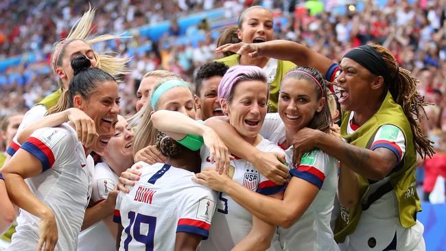 Megan Rapinoe of the USA celebrates with teammates after scoring her team's first goal during the 2019 FIFA Women's World Cup France final between the USA and The Netherlands. Picture: Richard Heathcote/Getty Images