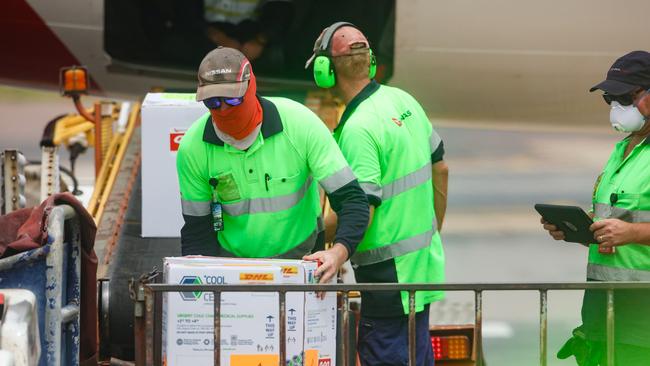 The first doses of the Pfizer Covid 19 Vaccine arrives in Darwin. Picture Glenn Campbell