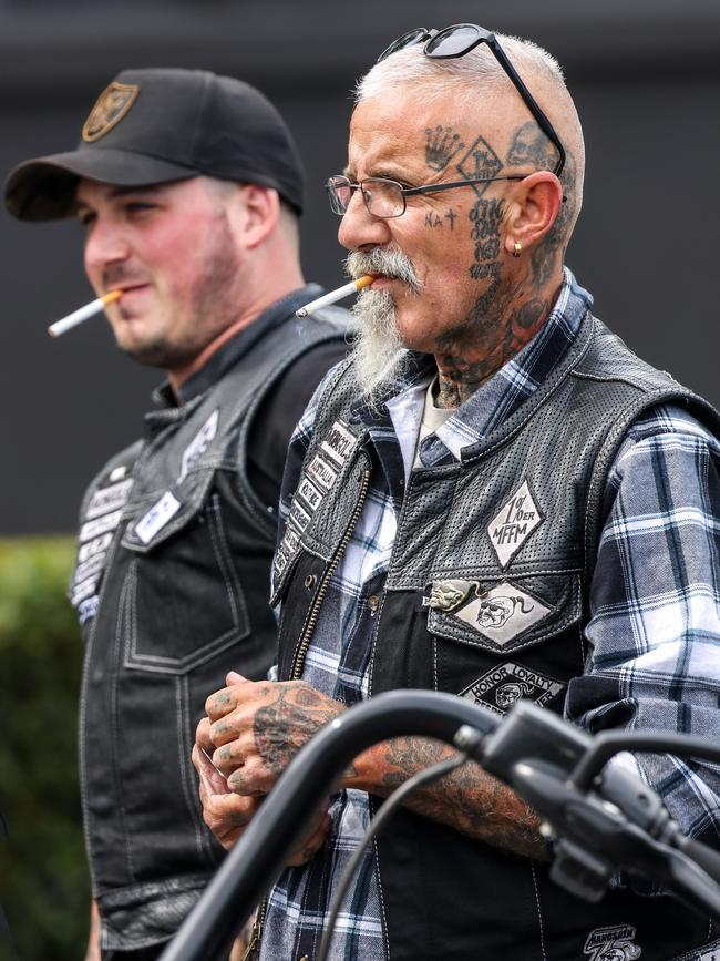 Members of the Mongols outside the clubhouse in Port Melbourne. Picture: NCA NewsWire