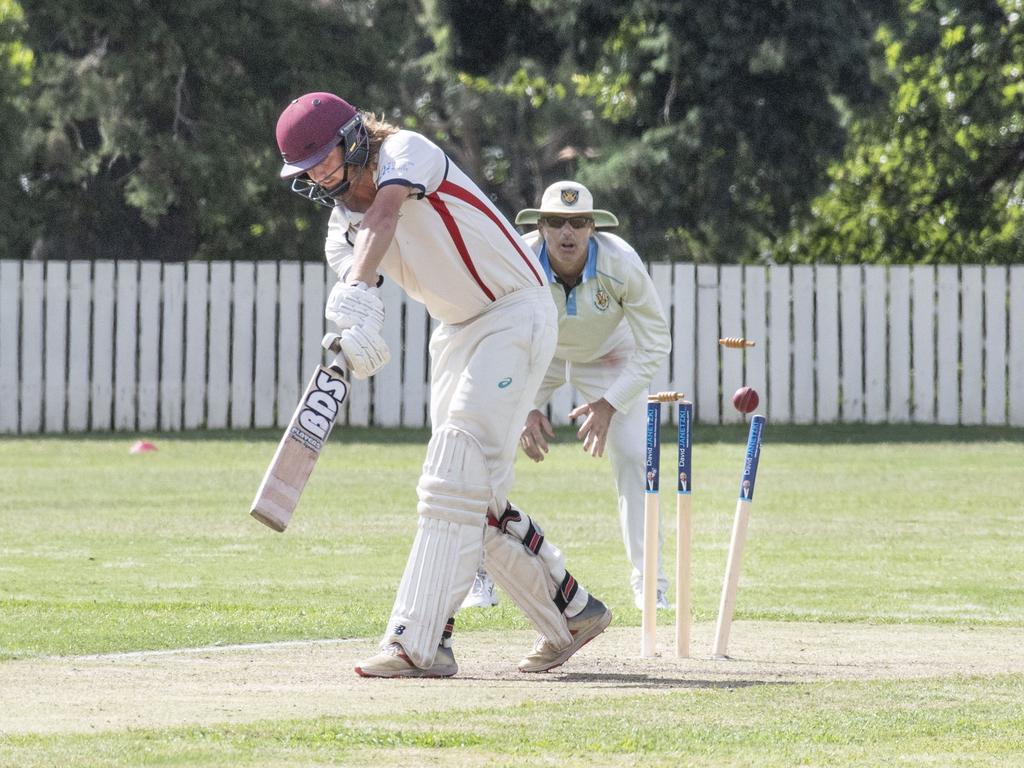 Met-Easts batsman Brandon Sabburg bowled by Chaz Cheatley for Wests. Toowoomba cricket A grade final Western Districts vs Metroplolitan-Easts. Saturday, March 25, 2023. Picture: Nev Madsen.