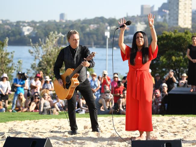 Christine Anu performs during the Australia Day Wugulora Morning Ceremony on the Walumil Lawns at Barangaroo in Sydney. Picture: AAP