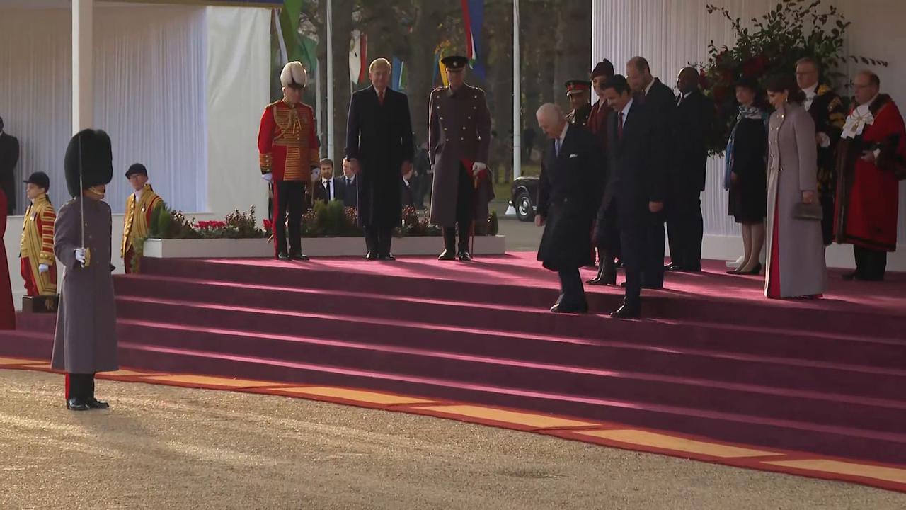 King Charles gives the Emir of Qatar a ceremonial welcome