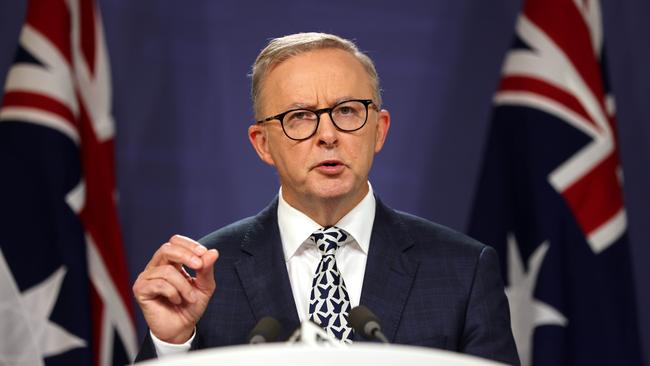 An angry leader of the Australian Labor Party Anthony Albanese pictured at a press conference in Sydney. Picture: NCA NewsWire / Damian Shaw