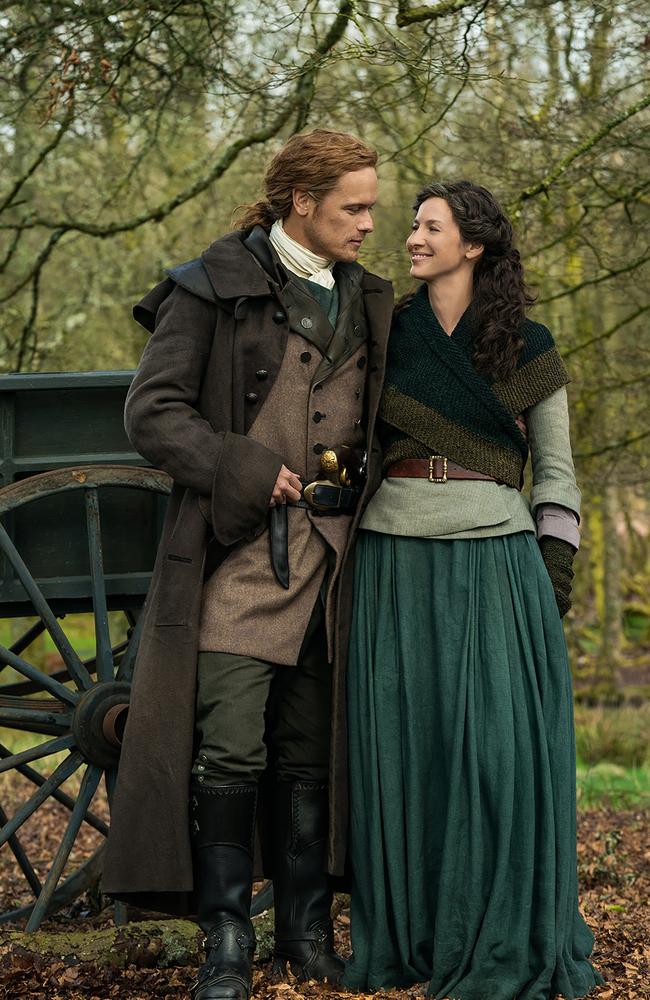 Sam Heughan and Caitriona Balfe in a scene from season 5 of the TV series Outlander. Picture: Foxtel