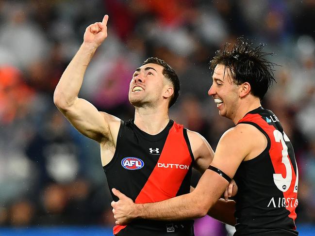 Jade Gresham of the Bombers celebrates kicking a goal during the round 16 AFL match between Geelong Cats and Essendon Bombers at Melbourne Cricket Ground, on June 29, 2024, in Melbourne, Australia. (Photo by Josh Chadwick/AFL Photos/via Getty Images)