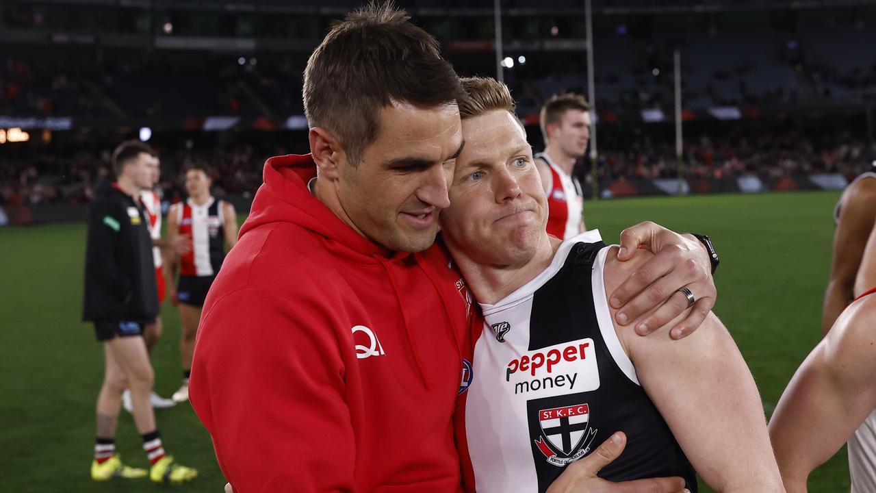 Josh P. Kennedy of the Swans and Dan Hannebery of the Saints. Photo by Darrian Traynor/Getty Images