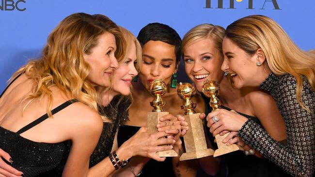 Actors Laura Dern, Nicole Kidman, Zoe Kravitz, Reese Witherspoon and Shailene Woodley celebrate their Golden Globe success for Big Little Lies. (Photo by Kevin Winter/Getty Images)