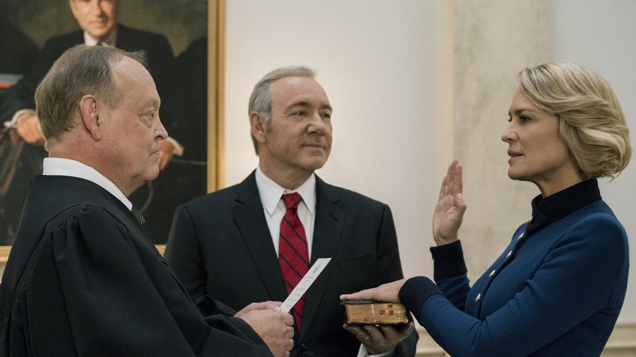 House Of Cards Robin Wright as Claire Underwood, right Kevin Spacey as Frank Underwood, centre. Picture: Netflix