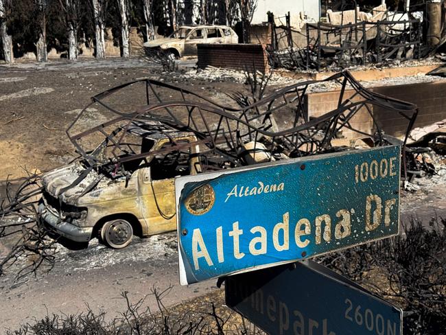 An overhead pole camera image shows wildfire damage to an Altadena Drive. Picture: AFP